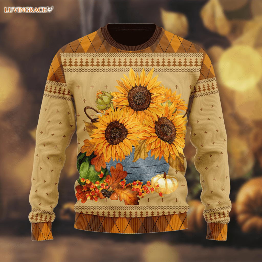Fall Sunflower Pumpkin Wool Knitted Pattern Ugly Sweater S Sweatshirt