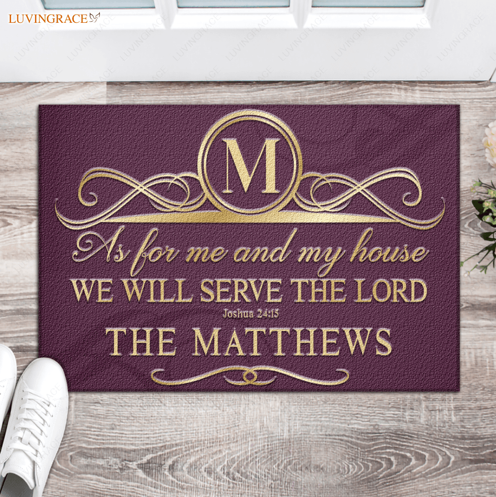 Faux Gold Ornate Monogram Serve The Lord Personalized Doormat