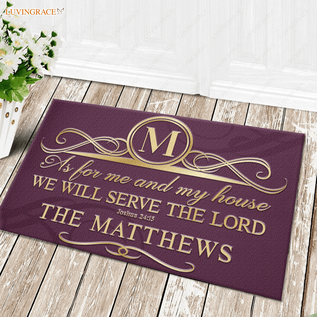 Faux Gold Ornate Monogram Serve The Lord Personalized Doormat