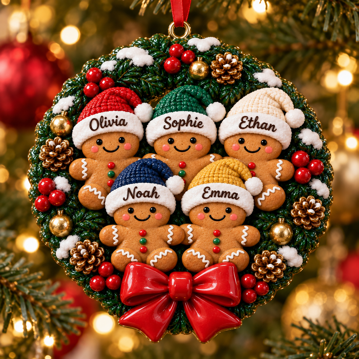 Personalized Gingerbread Family Christmas Wreath 3D Ornament – Custom Names Christmas Gift