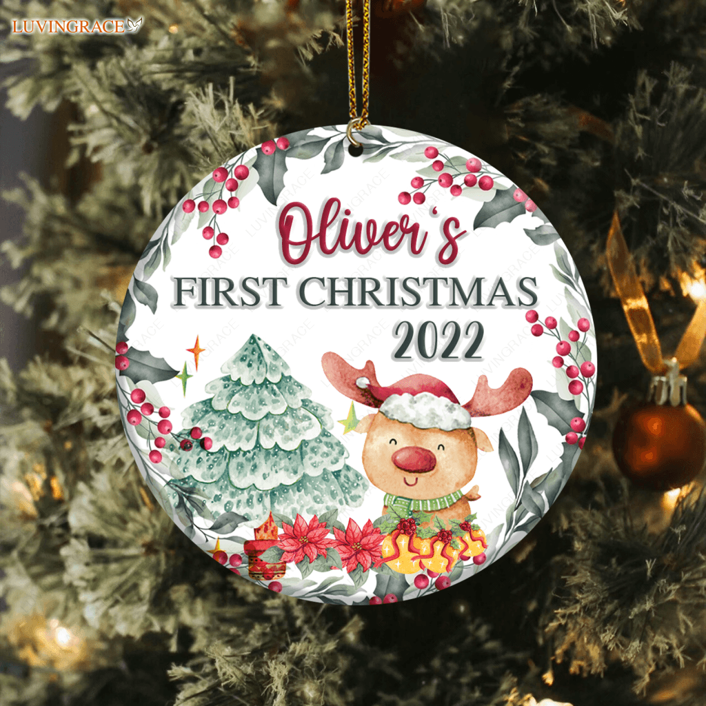 First Christmas Lovely Reindeer Pine Floral Personalized Ornament Ceramic