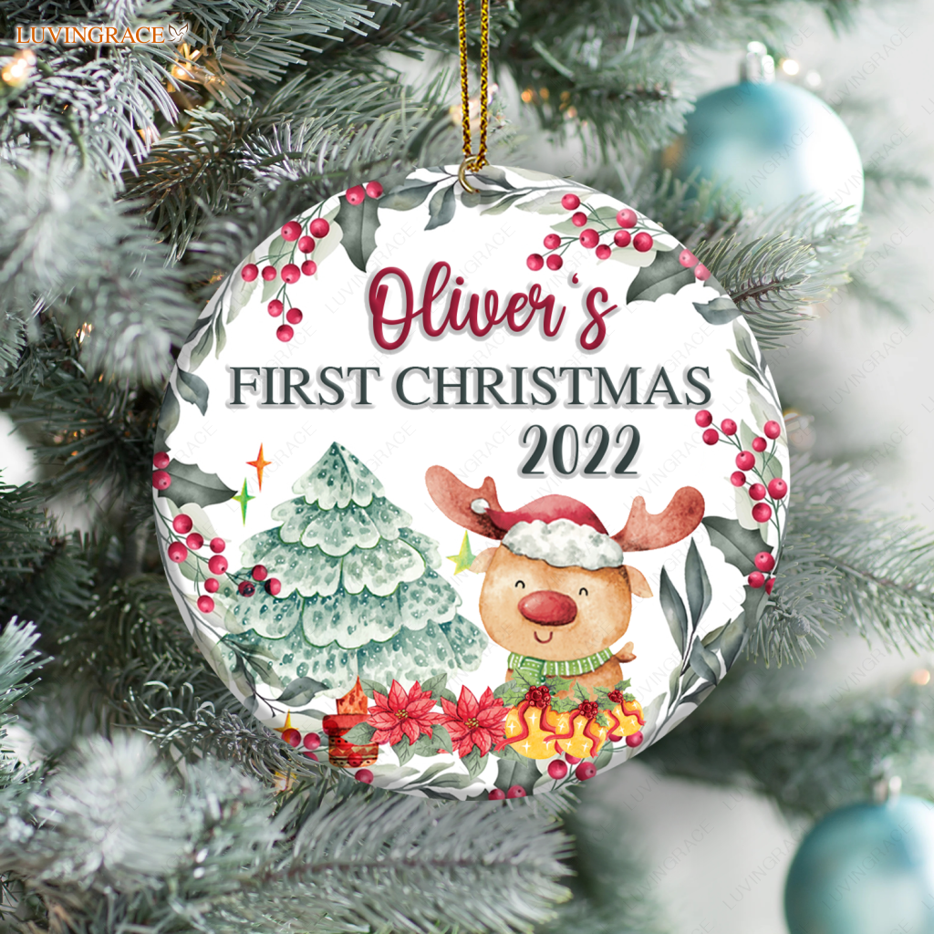 First Christmas Lovely Reindeer Pine Floral Personalized Ornament Ceramic