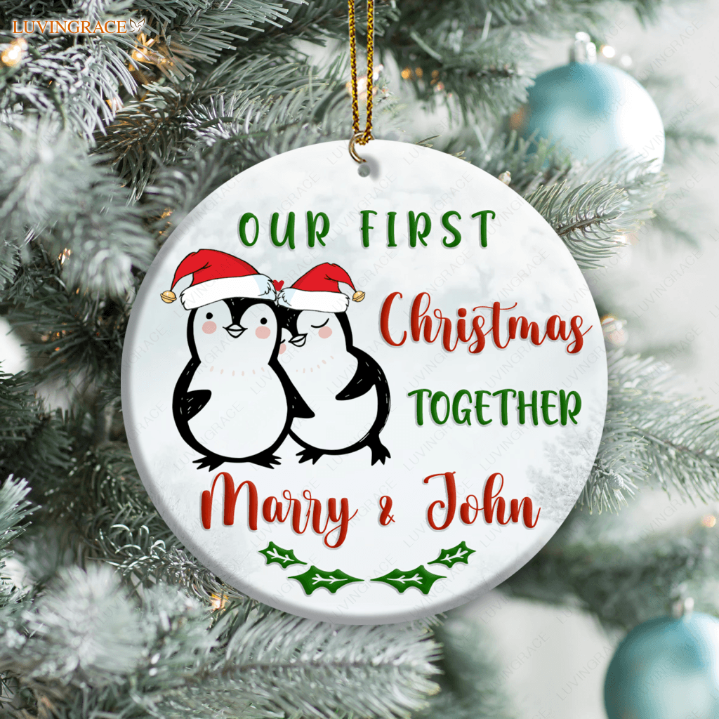 First Christmas Penguin Couple Personalized Ornament Ceramic