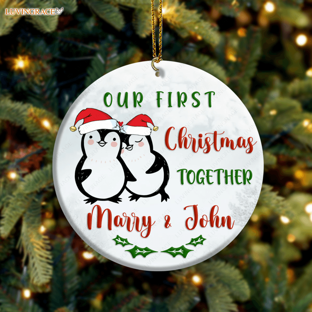 First Christmas Penguin Couple Personalized Ornament Ceramic