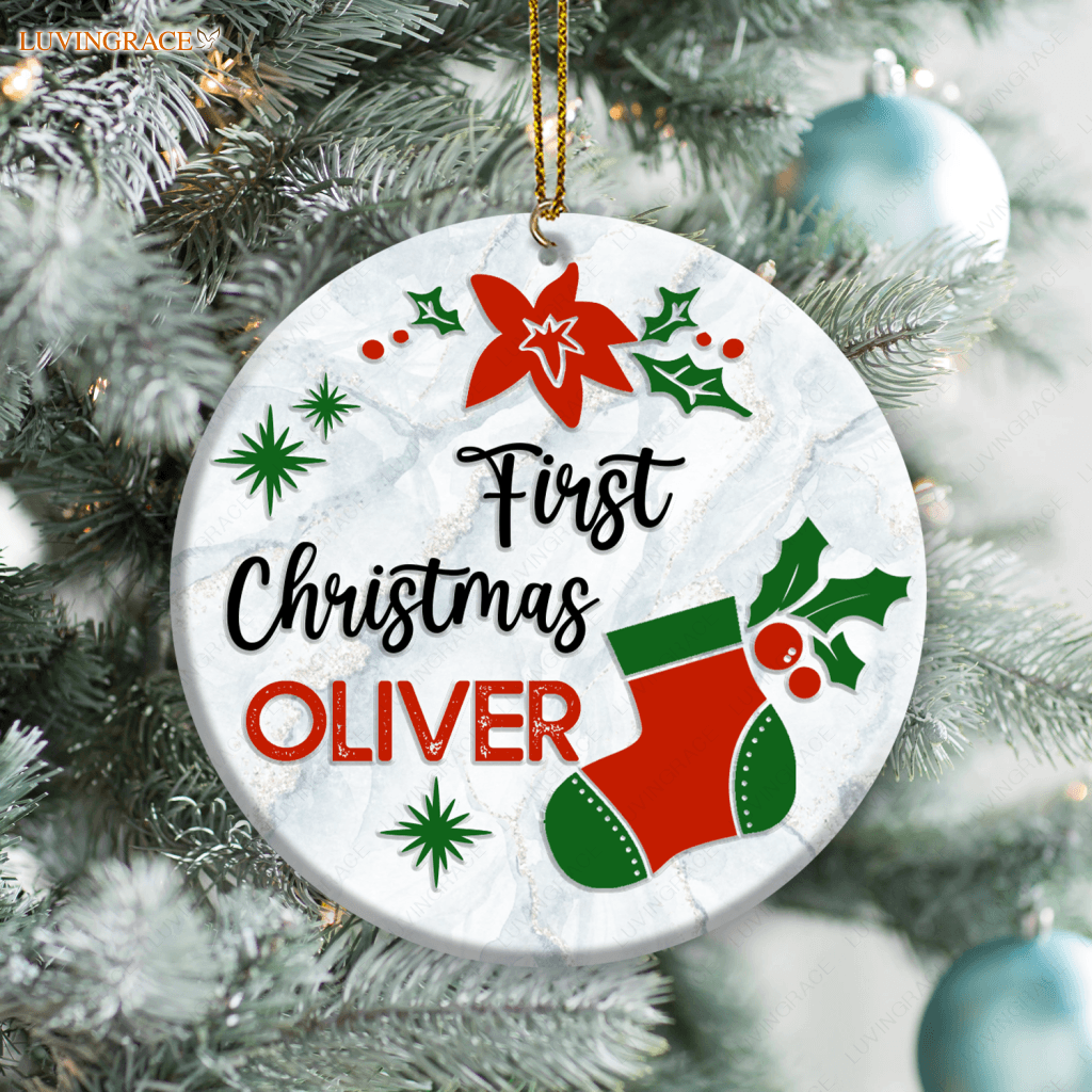 First Christmas Sock Poinsettia Floral Personalized Ornament Ceramic