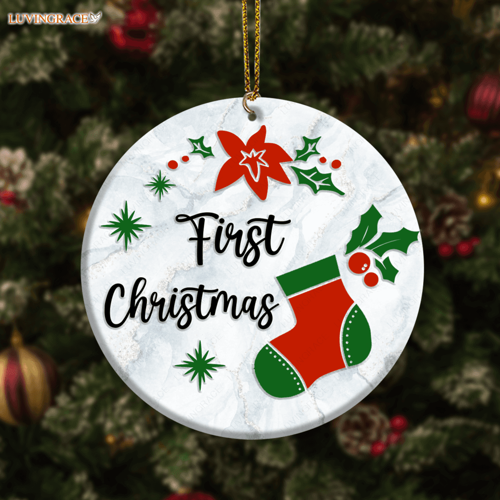 First Christmas Sock Poinsettia Floral Personalized Ornament Ceramic