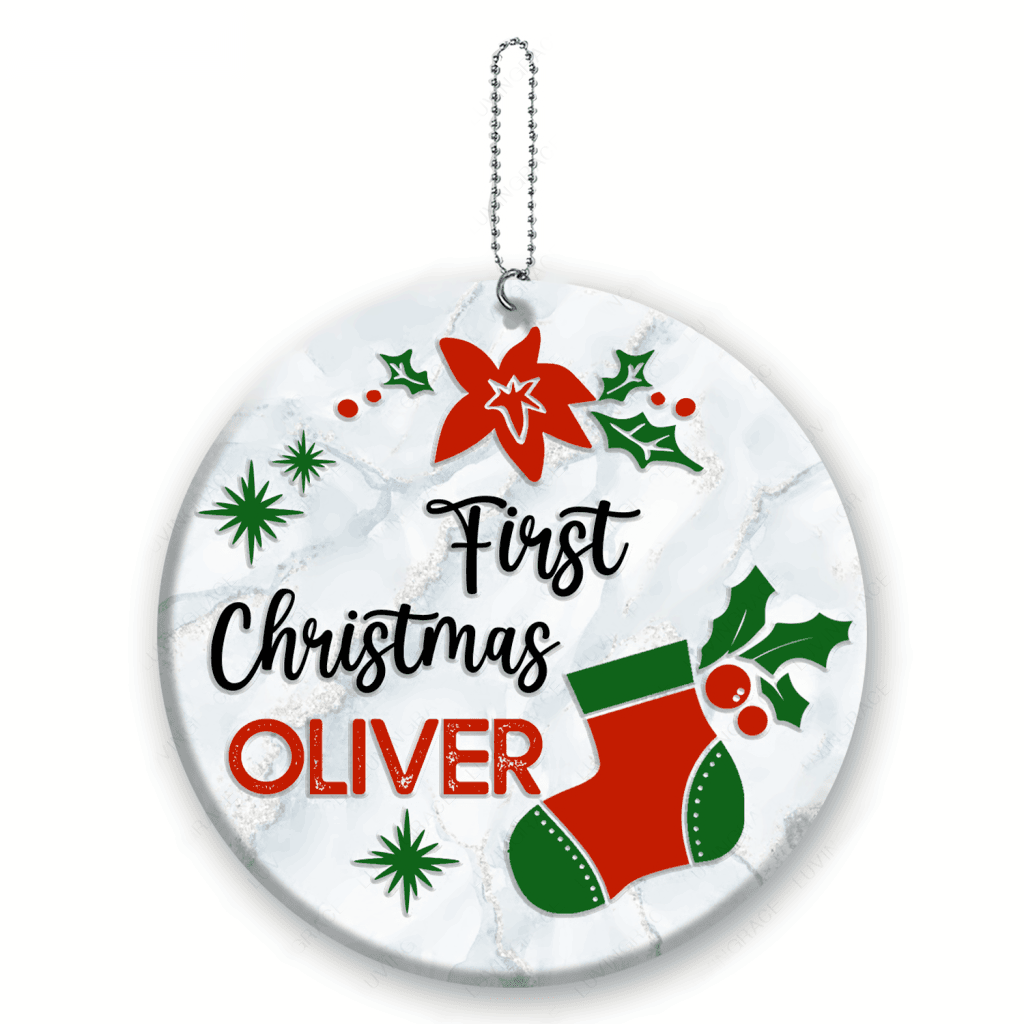 First Christmas Sock Poinsettia Floral Personalized Ornament