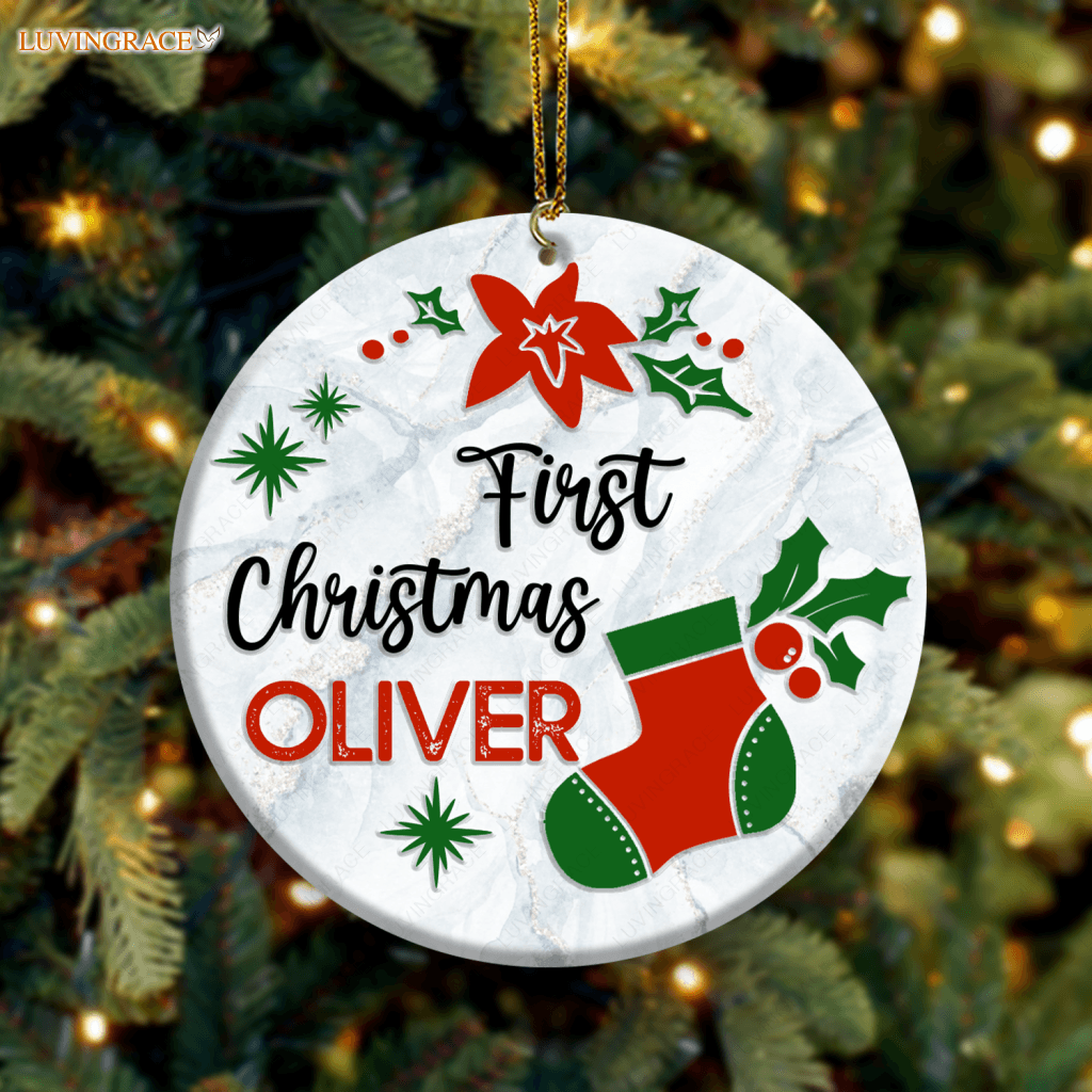 First Christmas Sock Poinsettia Floral Personalized Ornament Ceramic