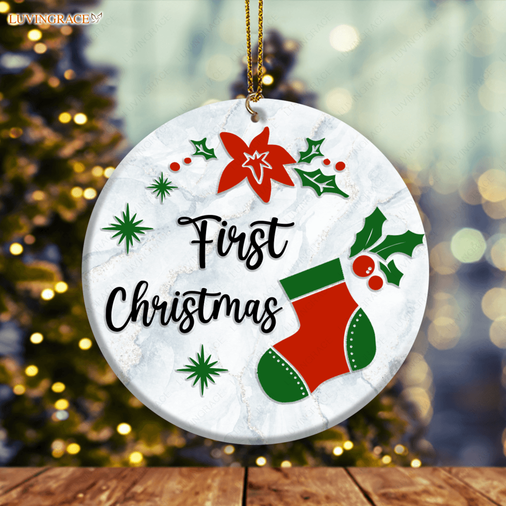 First Christmas Sock Poinsettia Floral Personalized Ornament Option 2 Ceramic