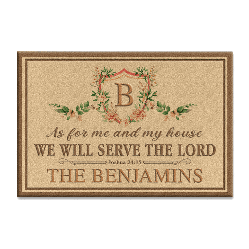 Floral Monogram Crest Pastel Serve The Lord Personalized Doormat