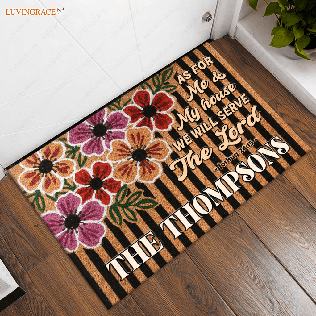 Floral Stripes Serve The Lord Personalized Doormat