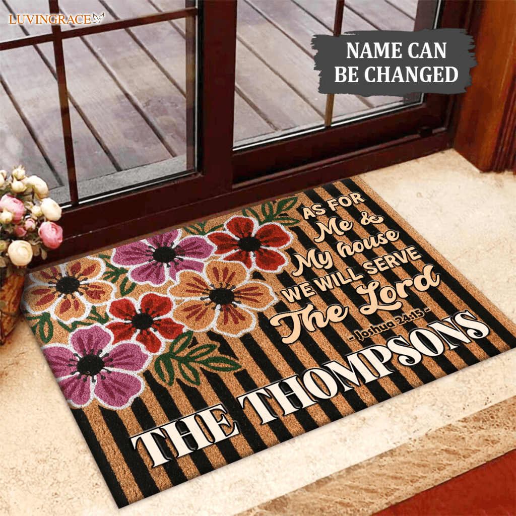 Floral Stripes Serve The Lord Personalized Doormat