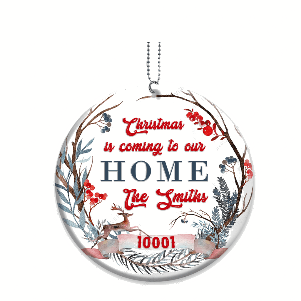 Forest Floral Frame Deer Christmas Is Coming To Our Home Personalized Ornament