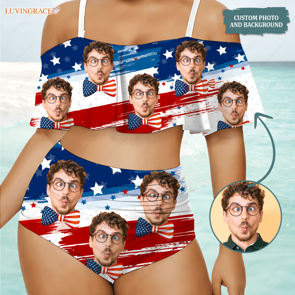 Funny Special Usa Flag Pattern Custom Face Photo Bikini Swimsuit Swimsuits