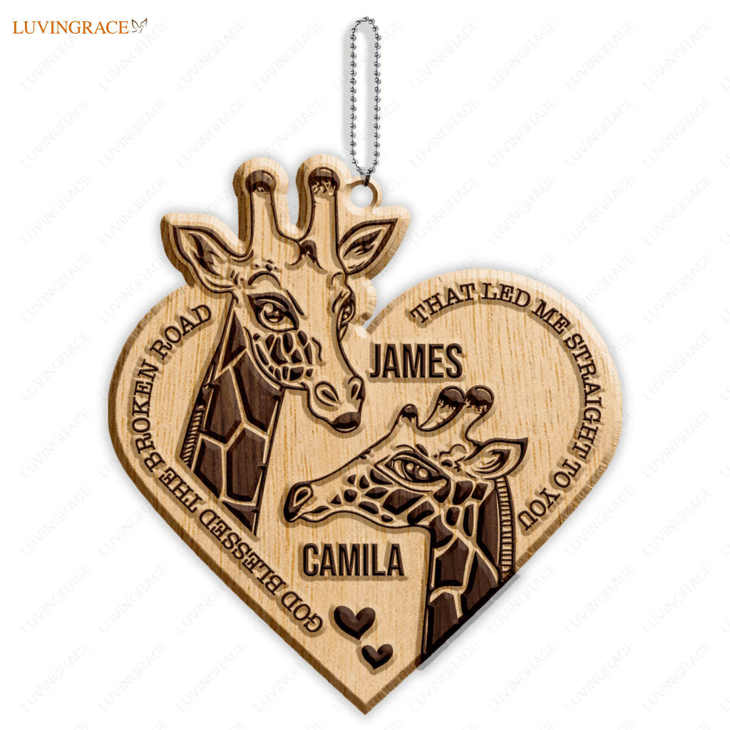 Giraffe Couple God Blessed Personalized Wood Engraved Ornaments Wooden Ornament