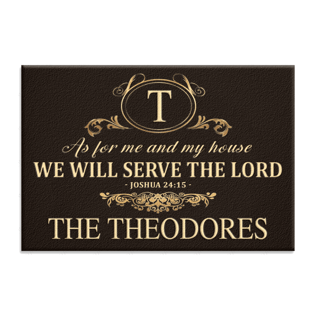 Gold Vintage Monogram Family Home Serve The Lord Personalized Doormat