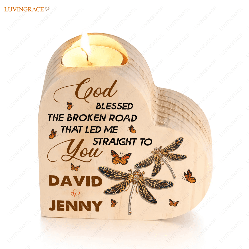 Golden Dragonfly Couple Butterfly God Blessed Personalized Candle Holder Heart Shaped