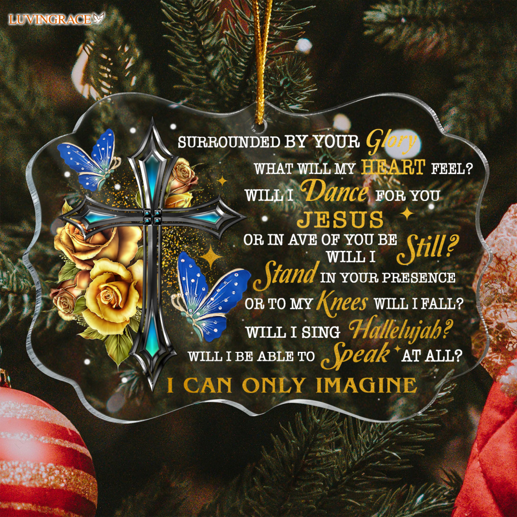 Golden Roses Cross Butterfly Surrounded By Your Glory Transparent Ornament