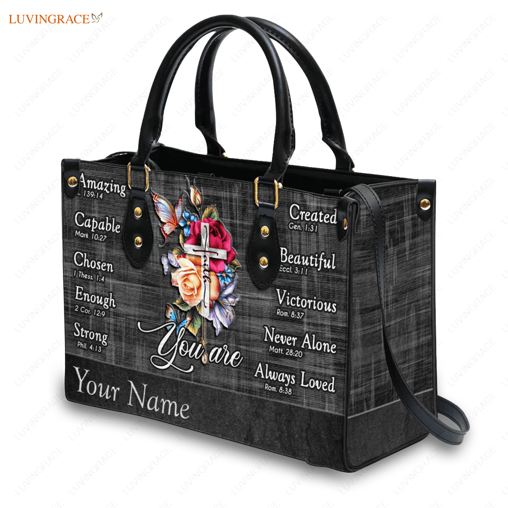 Grey Vintage Roses Cross Butterfly You Are - Personalized Custom Leather Bag Handbags