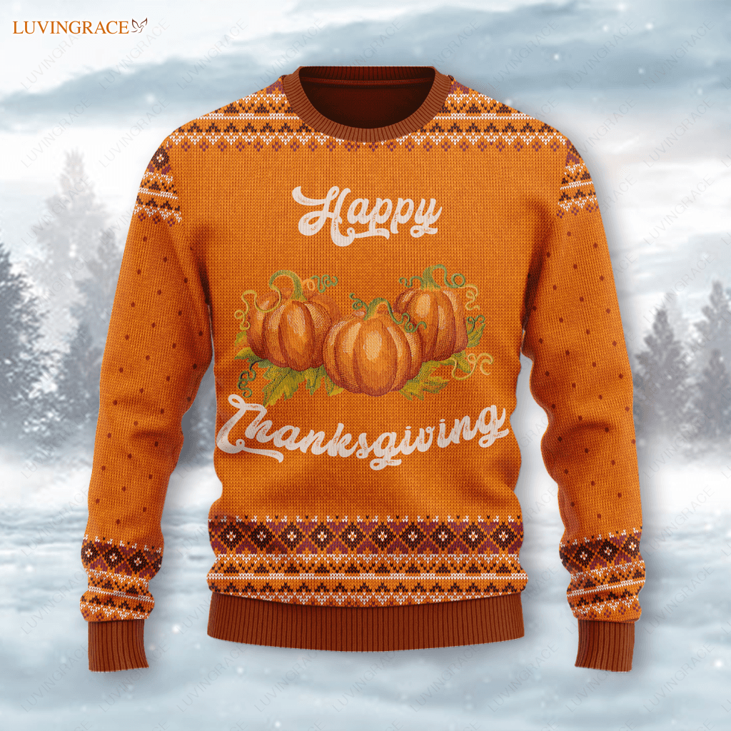 Happy Thanksgiving Pumpkin Wool Knitted Pattern Ugly Sweater S Sweatshirt