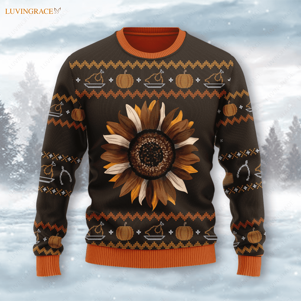 Happy Thanksgiving Sunflower Pumpkin Wool Knitted Pattern Ugly Sweater S Sweatshirt