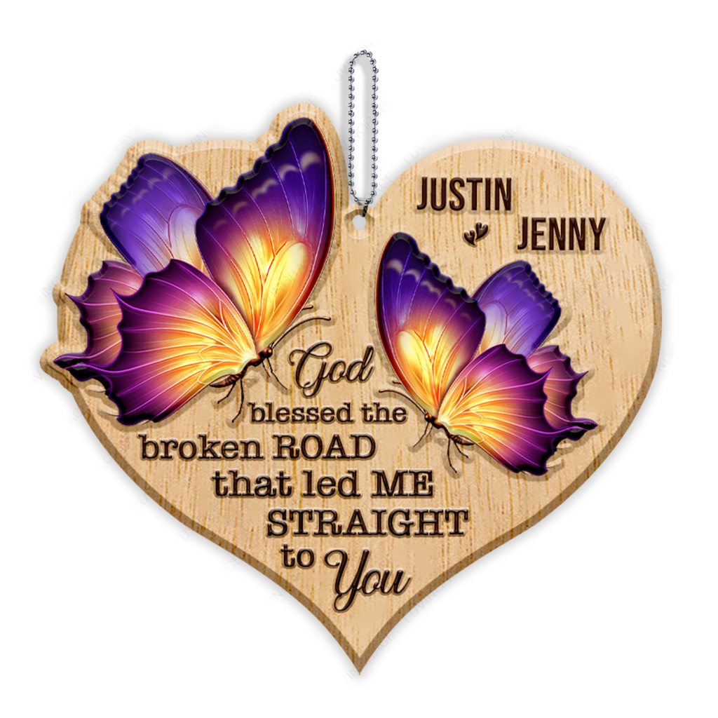 Heart Butterfly Couple God Blessed Personalized Wood Engraved Ornaments