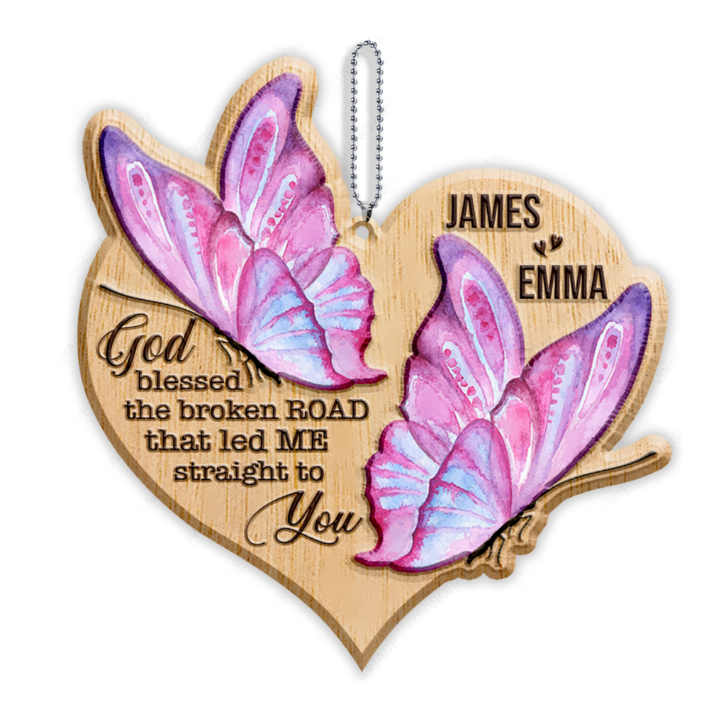 Heart Butterfly Couple God Blessed Personalized Wood Engraved Ornaments