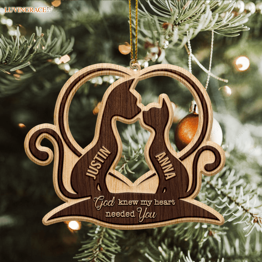 Heart Cat Couple God Knew My Needed You Personalized Wood Engraved Ornaments Wooden Ornament
