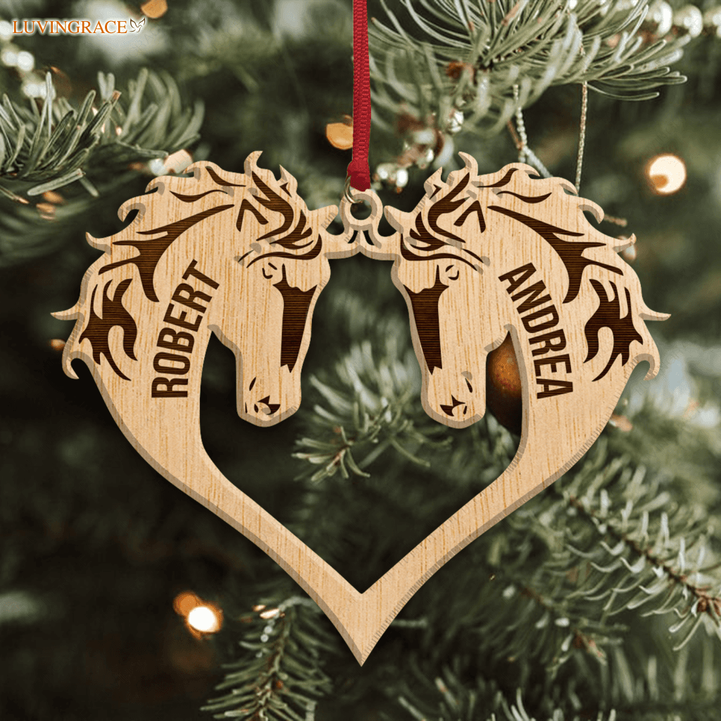 Heart Couple Horse Wood Engraved Ornaments Wooden Ornament
