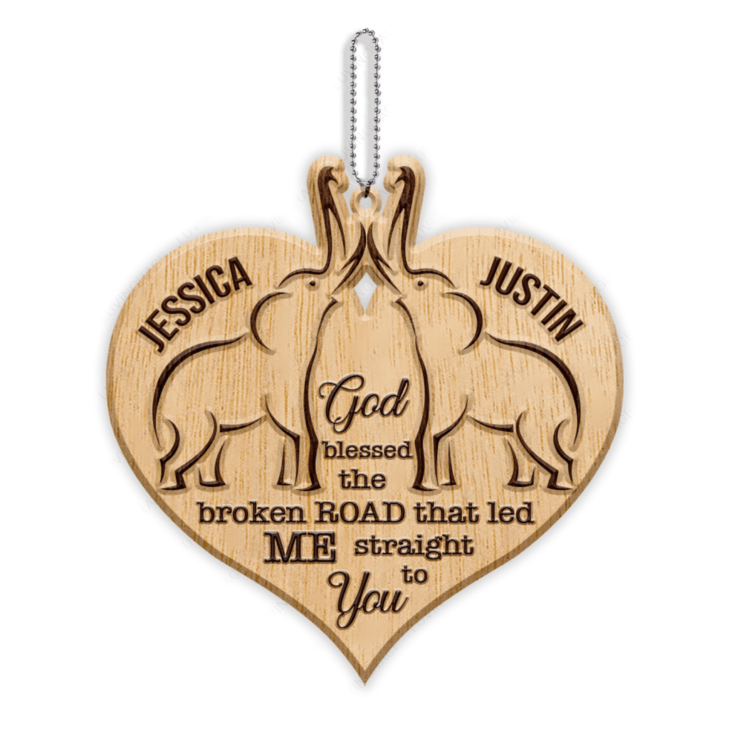 Heart Elephant Couple God Blessed Personalized Wood Engraved Ornaments