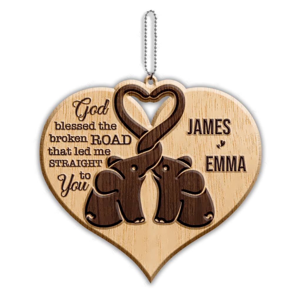 Heart Elephant Couple God Blessed Personalized Wood Engraved Ornaments