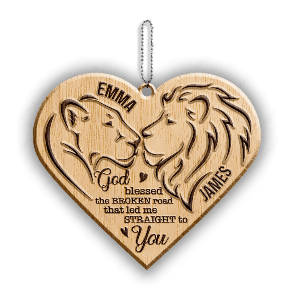 Heart Lion Couple God Blessed Personalized Wood Engraved Ornaments