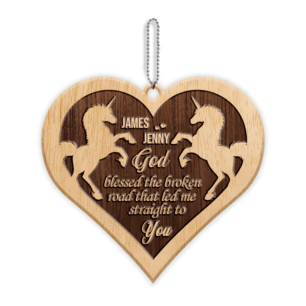 Heart Unicorn Couple God Blessed Personalized Wood Engraved Ornaments