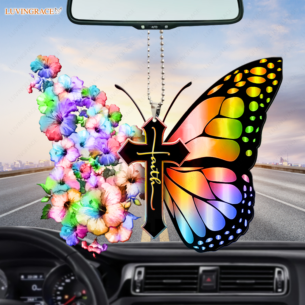 Hibiscus Rainbow Flower Butterfly Cross Faith Ornament