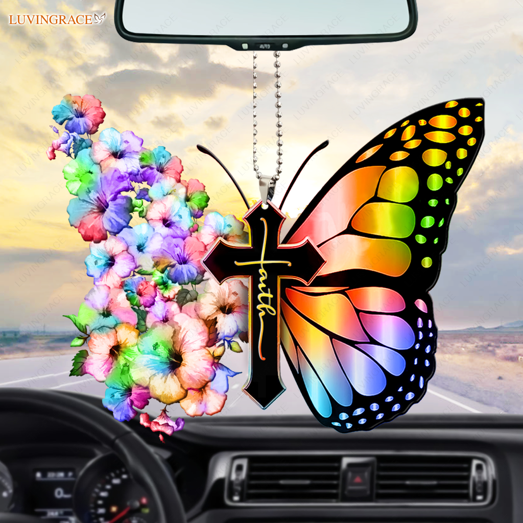 Hibiscus Rainbow Flower Butterfly Cross Faith Ornament
