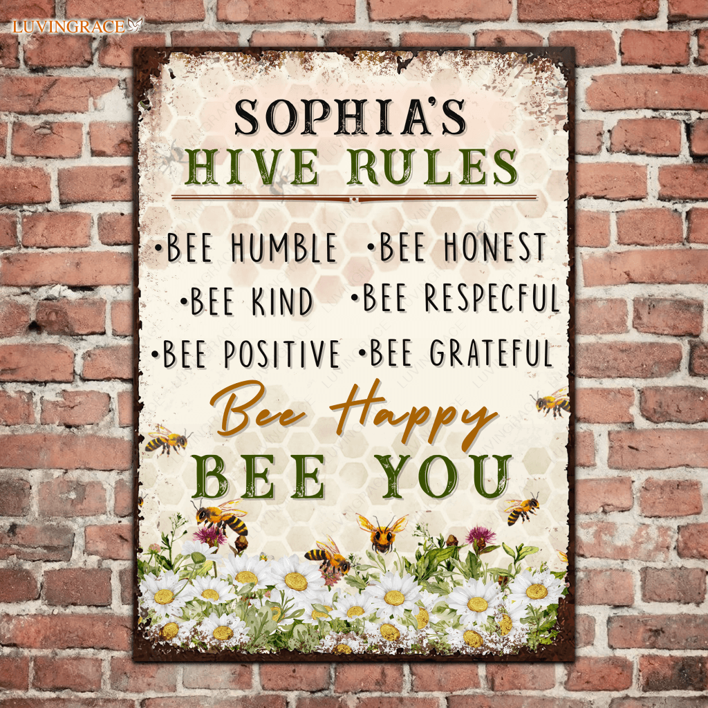 Hive Rules Farmhouse Bee Kind Personalized Metal Sign