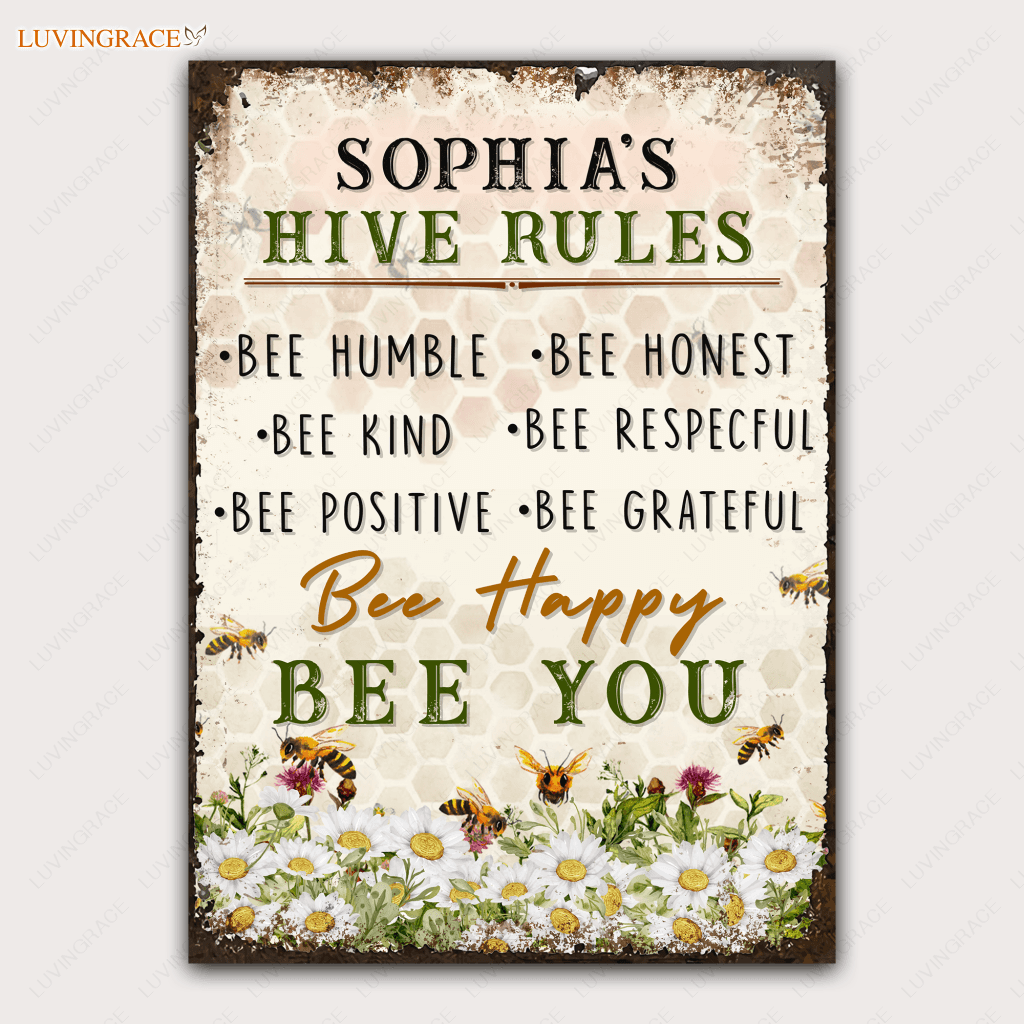 Hive Rules Farmhouse Bee Kind Personalized Metal Sign