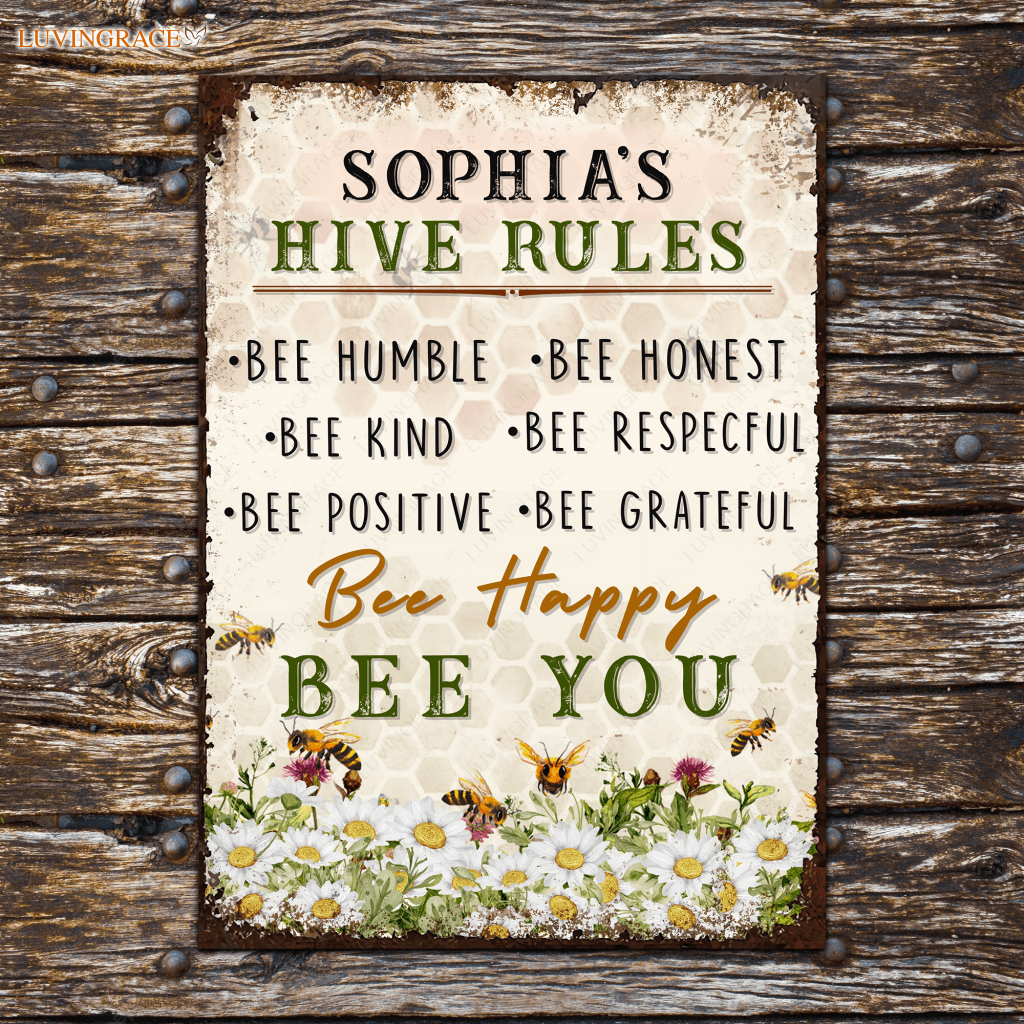 Hive Rules Farmhouse Bee Kind Personalized Metal Sign