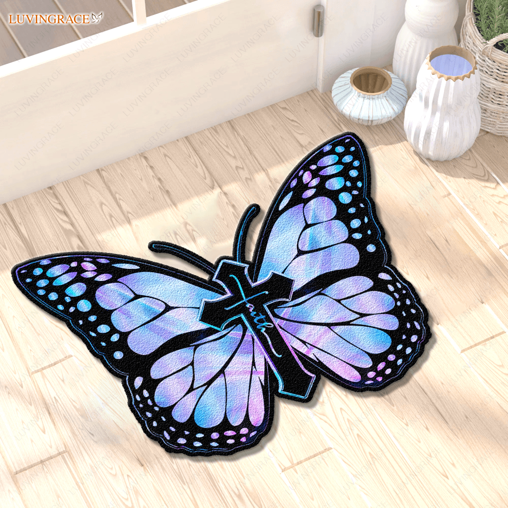 Hologram Butterfly Cross Faith Imagine Shaped Luxurious Doormat