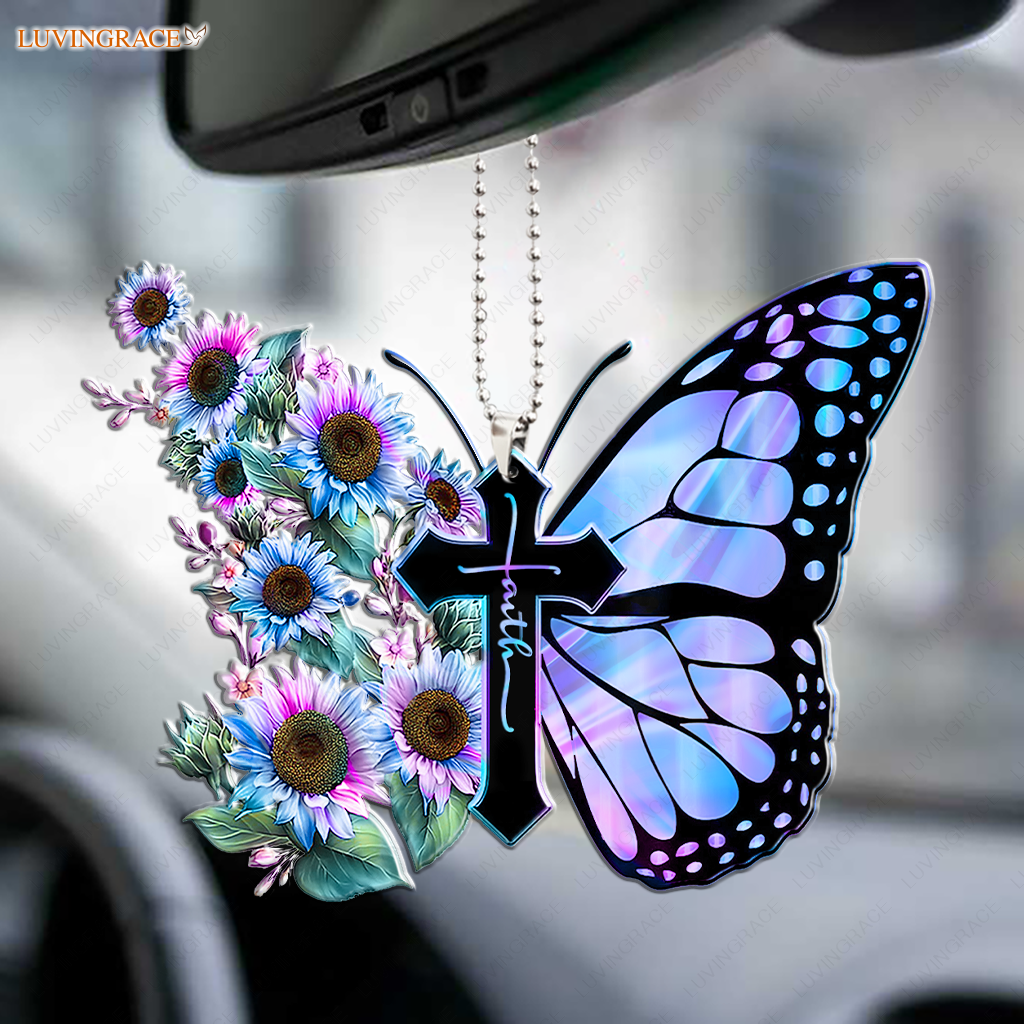 Hologram Faith Cross Butterfly Ornament