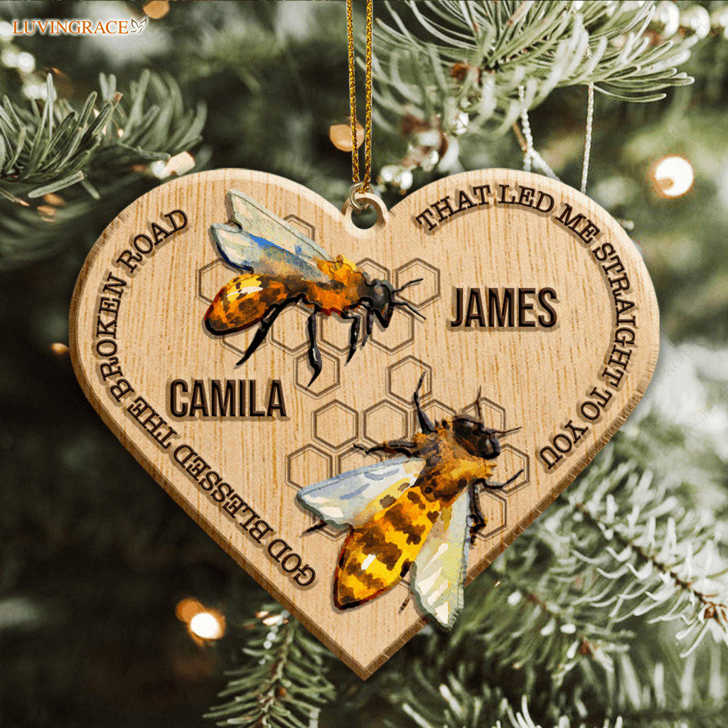 Honey Bee Couple God Blessed Personalized Wood Engraved Ornaments Wooden Ornament