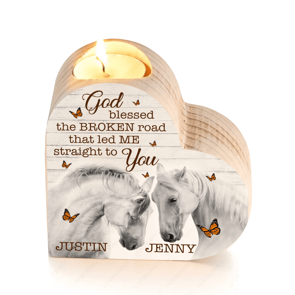 Horse Couple Butterfly God Blessed Personalized Candle Holder