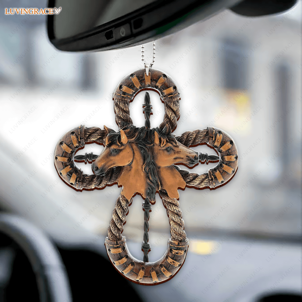 Horses And Bosal Cross Wooden Ornament