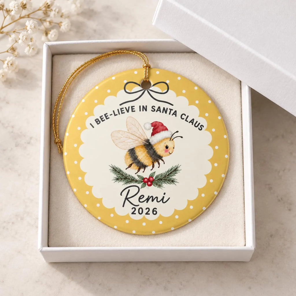 Personalized Name I Bee-lieve in Santa Claus Christmas Ornament