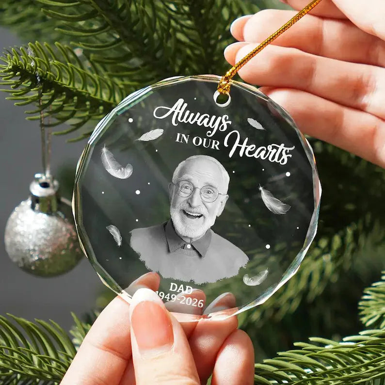 Personalized Always in Our Hearts Memorial Glass Ornament – Custom Photo & Name Remembrance Gift