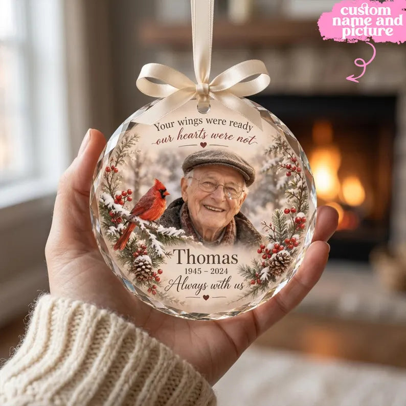 Personalized Cardinal Memorial Glass Ornament – Custom Photo, Name & Year Sympathy Gift