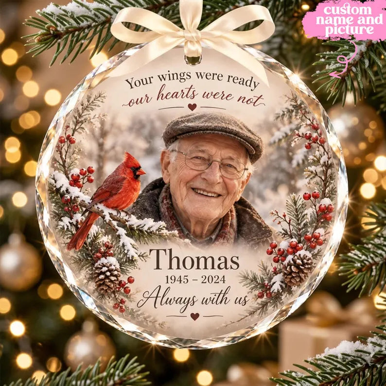 Personalized Cardinal Memorial Glass Ornament – Custom Photo, Name & Year Sympathy Gift