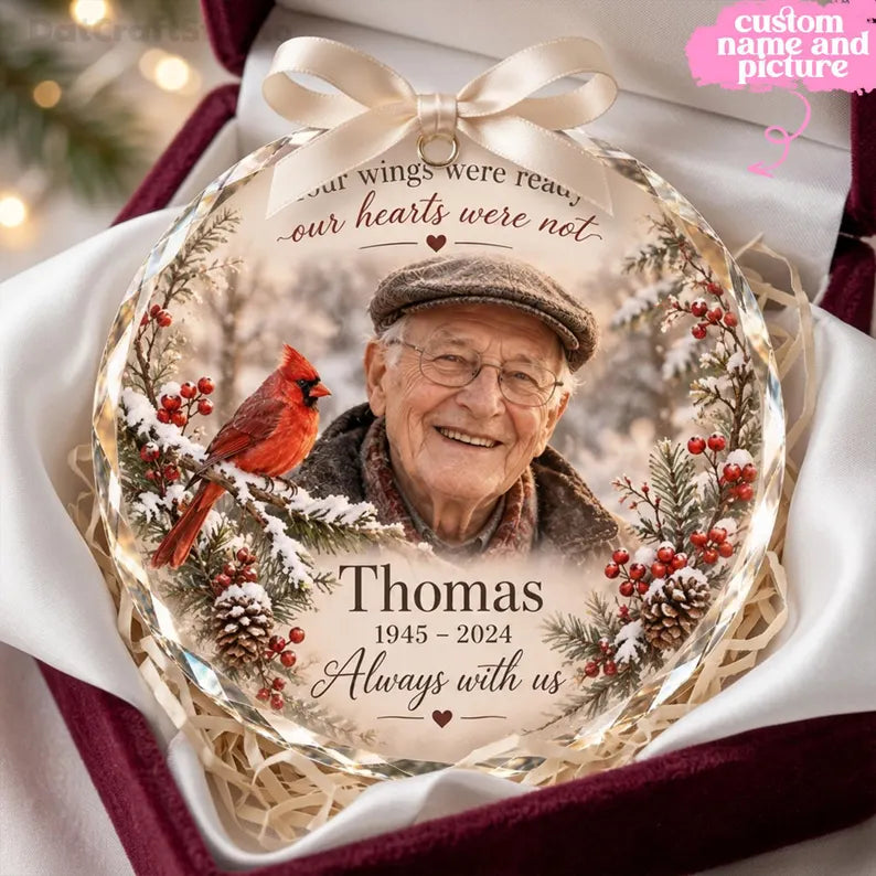 Personalized Cardinal Memorial Glass Ornament – Custom Photo, Name & Year Sympathy Gift