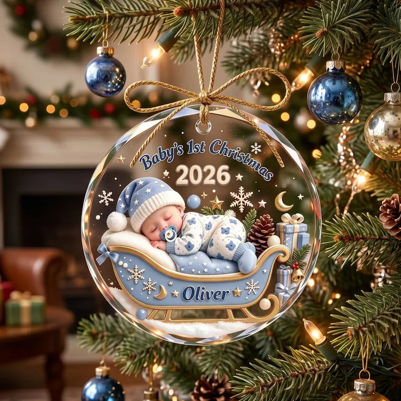 Personalized Baby's First Christmas 2026 Glass Ornament – Sleeping Baby in Sleigh