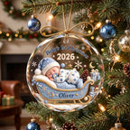 Personalized Baby's First Christmas 2026 Glass Ornament – Sleeping Baby in Sleigh